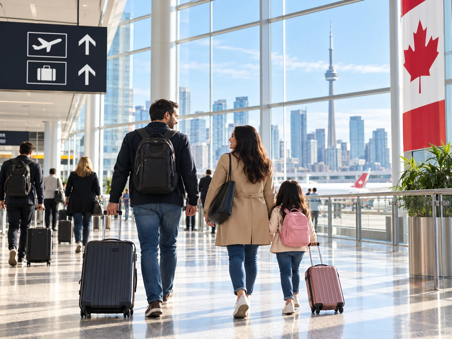 Family arriving together at a modern Canadian airport, representing family sponsorship and reunification