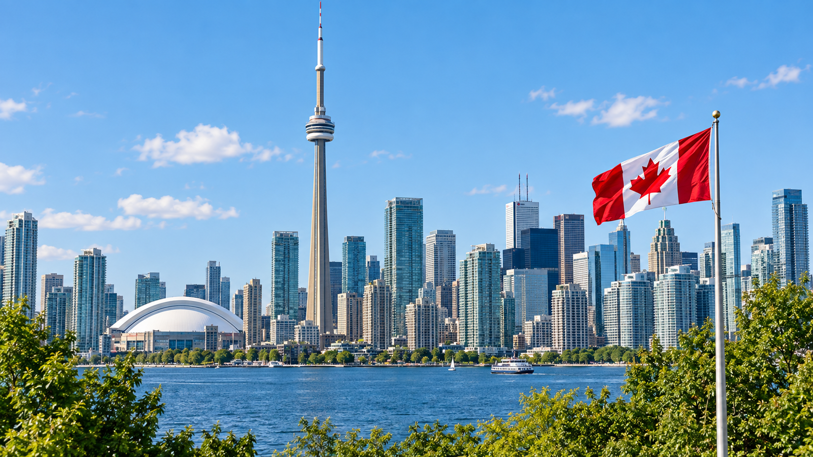 Sharp Toronto skyline with the CN Tower and a Canadian flag, representing Canadian immigration services