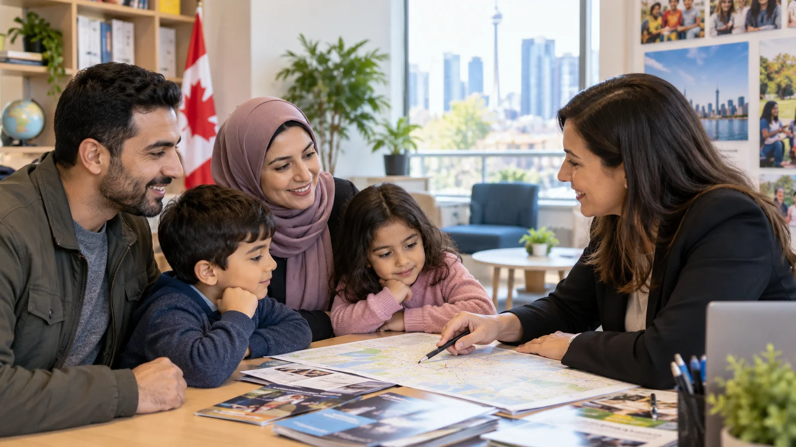 Newcomer family receiving settlement orientation and planning support in Canada